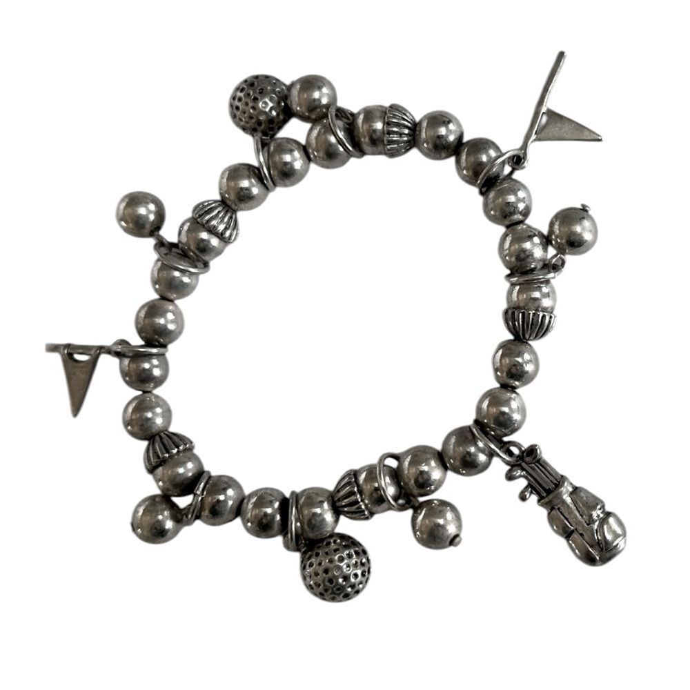 Stretch Silver Toned Metal Golf Flags Golf Balls Golf bag Charm Stretch Bracelet